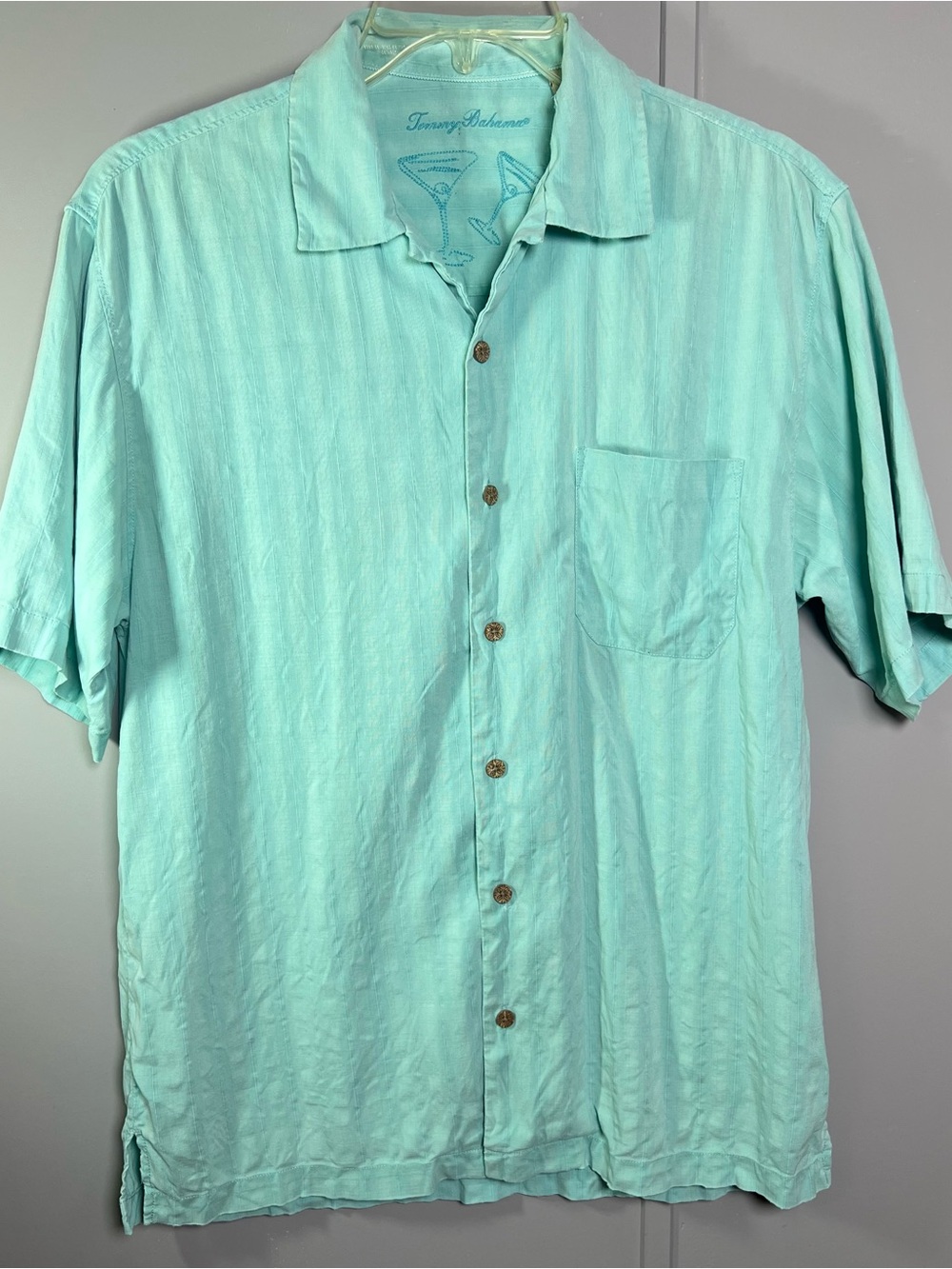 Tommy Bahama Mens 100% Silk Camp Shirt Aqua Blue Short Sleeve Button-Up Sz S